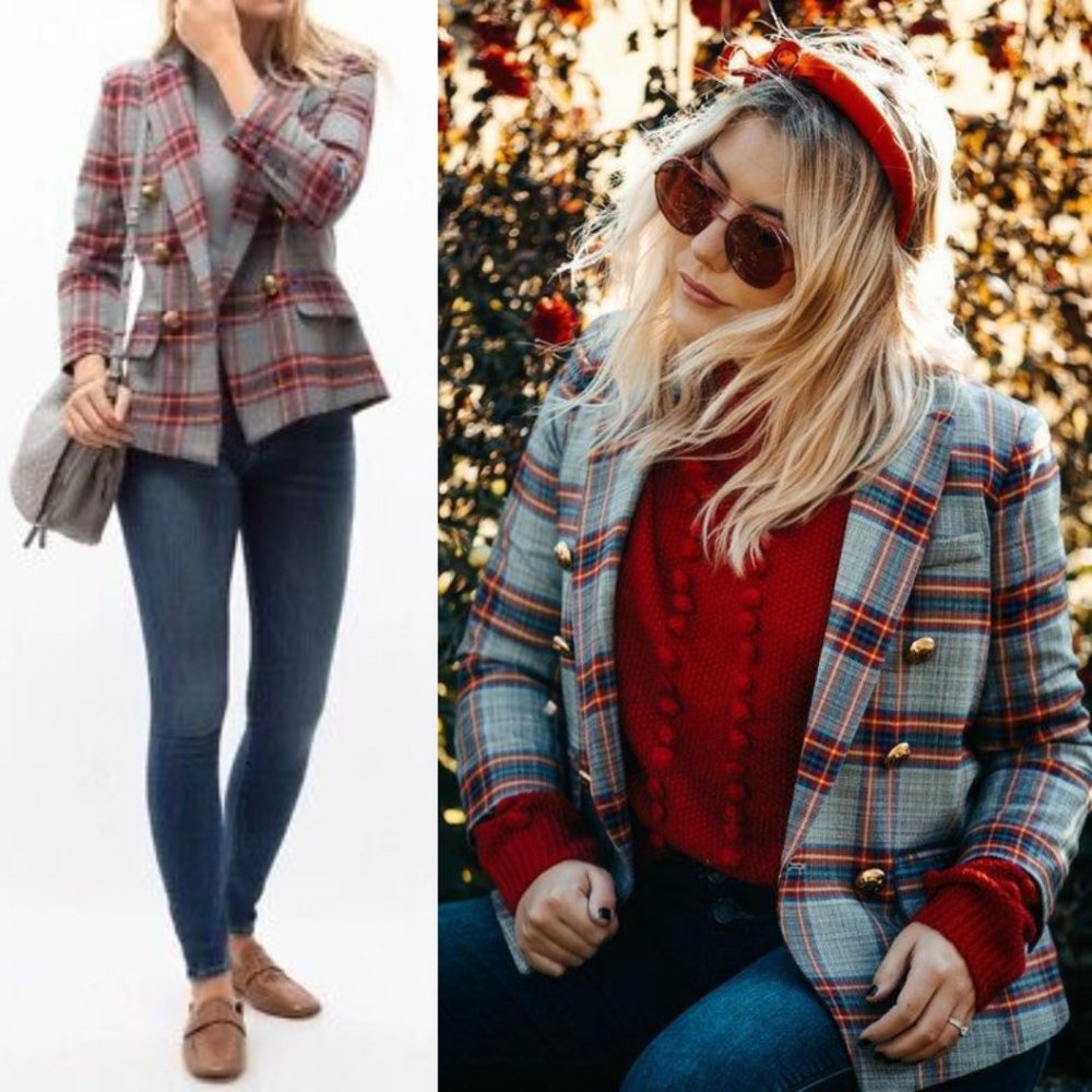 Smythe Mini Double Breasted Red and Grey Plaid Blazer Jacket - Size 6